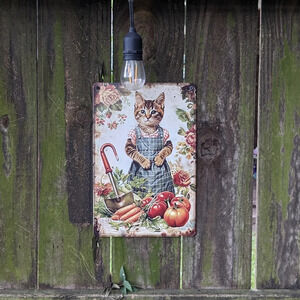 Female cat gardening, vegetable harvest white background metal tin garden sign